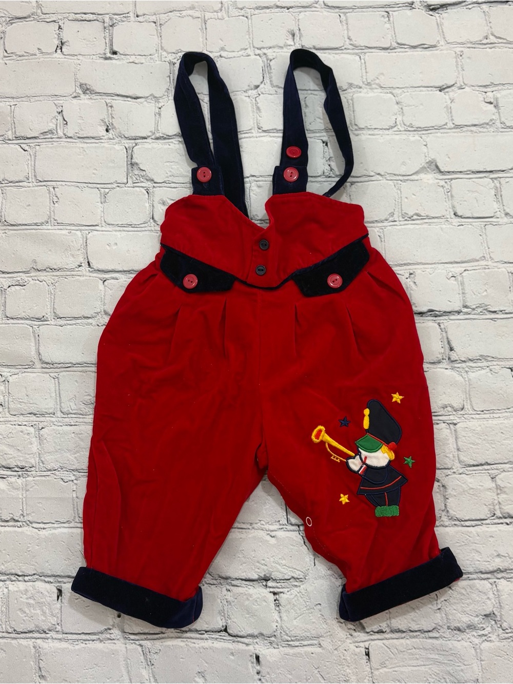 Vintage Baby Kids Red Velvet Christmas Overalls 12 months Soldier Trumpet Player